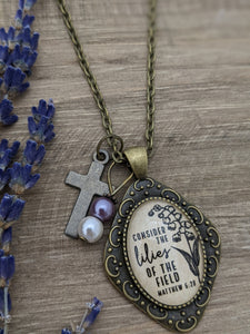 Consider the lilies of the field charm necklace | Matthew 6:28 Necklace | Christian Jewelry
