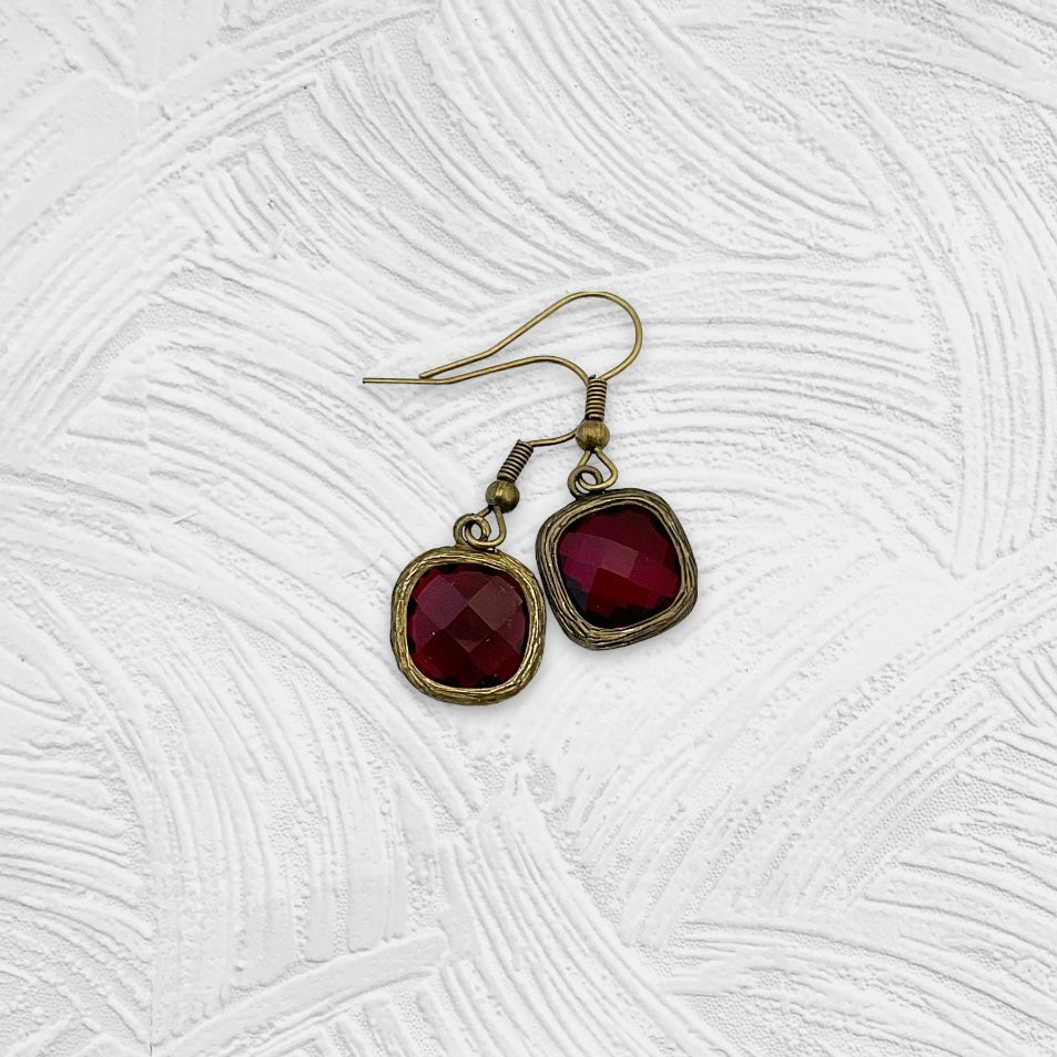 Square Ruby Glass Earring